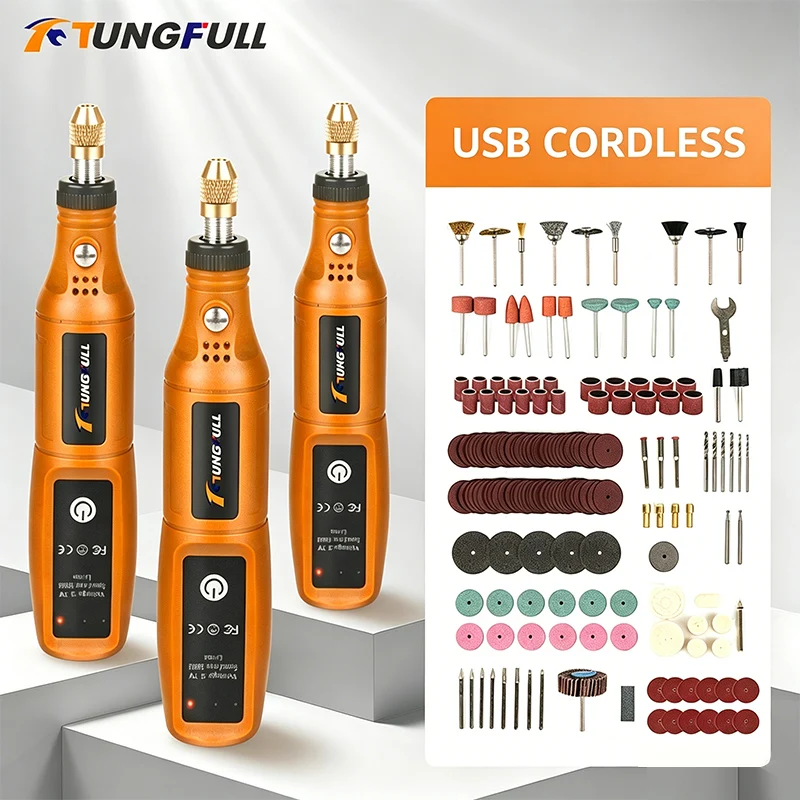 Workshop Tools For Carpentry - TUNGFULL เครื่องเจียรไฟฟ้าขนาดเล็กแบบไร้สาย เครื่องเจาะไฟฟ้าแบบชาร์จได้พร้อมชุดเครื่องมือ ชุดเครื่องมือแกะสลักไม้ ปากกาเจาะ