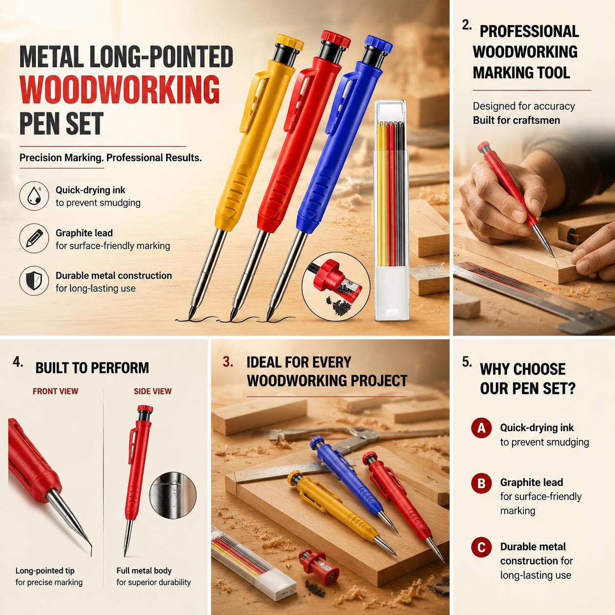 Workshop Tools Engineering - ดินสอเขียนงานไม้ปลายโลหะแบบมืออาชีพ สำหรับทำเครื่องหมายในรูลึก ไส้กราไฟต์ แห้งเร็ว ชุดดินสอกด ดินสอเขียนแบบ