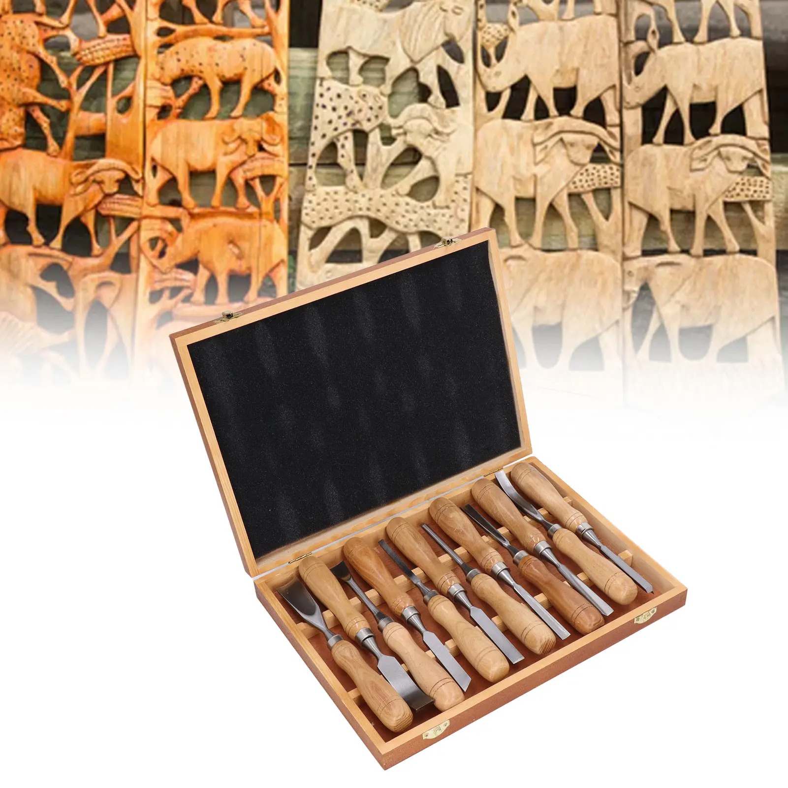 Chisel Set Wood - ชุดเครื่องมือแกะสลักไม้ 12 ชิ้น/ชุด, ชุดสิ่วแกะสลักด้ามไม้ ใบมีด CRV
